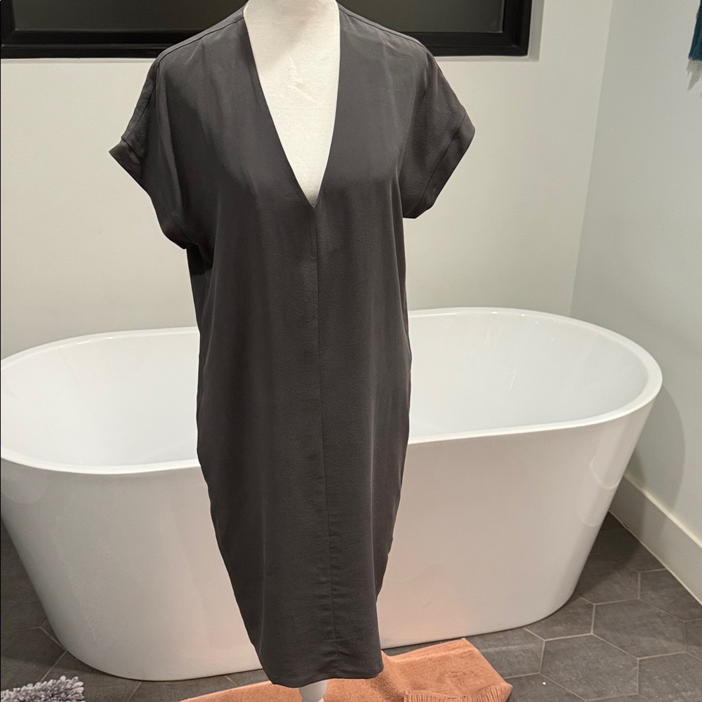 The Reset Minimalist Charcoal Silk V-Neck Shift Dress